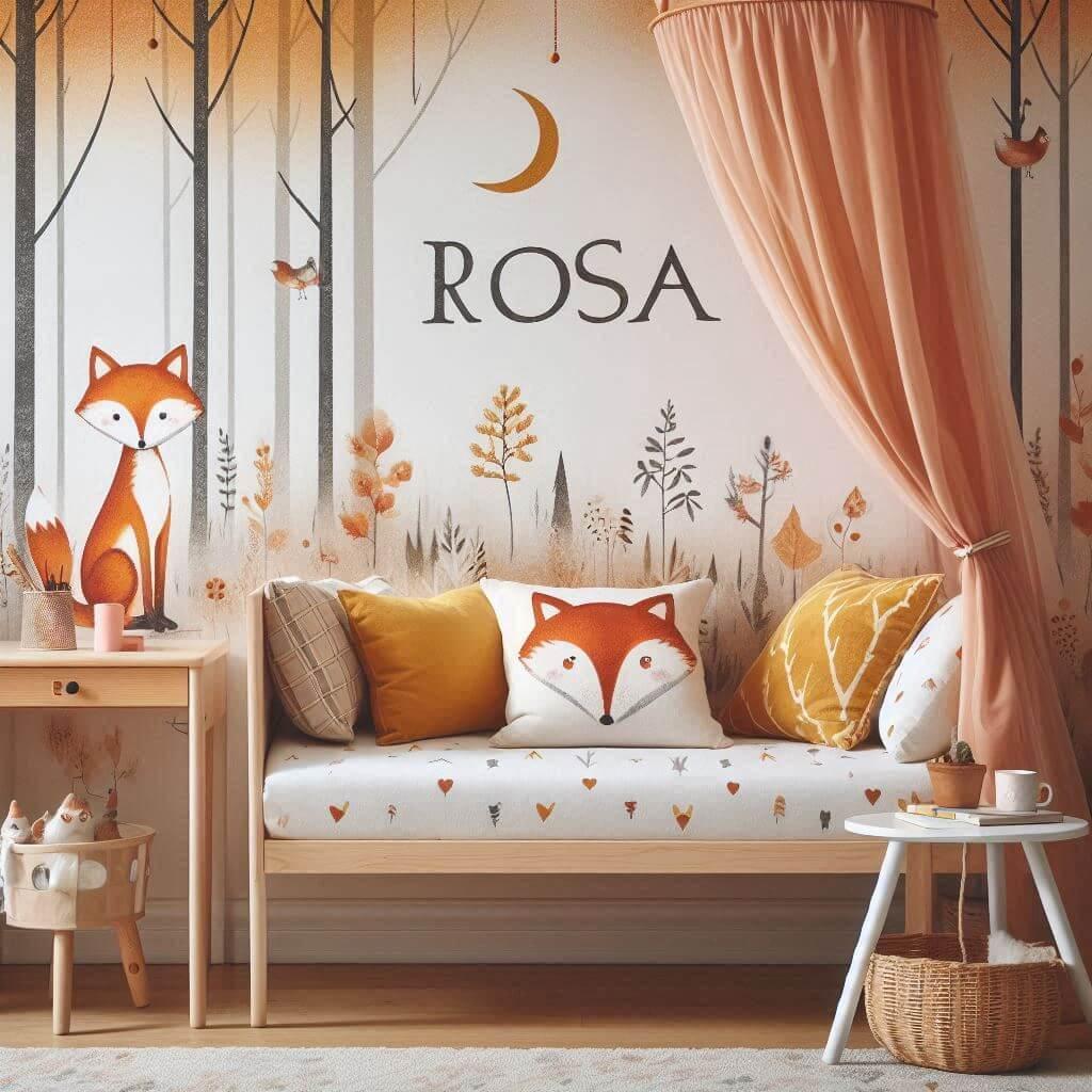 Decoration de chambre de petite fille sur le theme renard avec le prenom rosa ecrit sur un coussin avec un lit simple papier peint delave theme animaux de la foret poetique ciel de