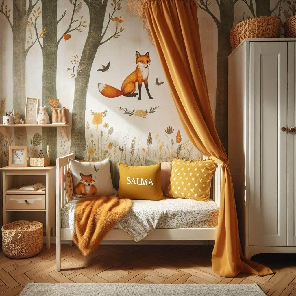 Decoration de chambre de petite fille sur le theme renard avec le prenom salma, theme animaux de la foret