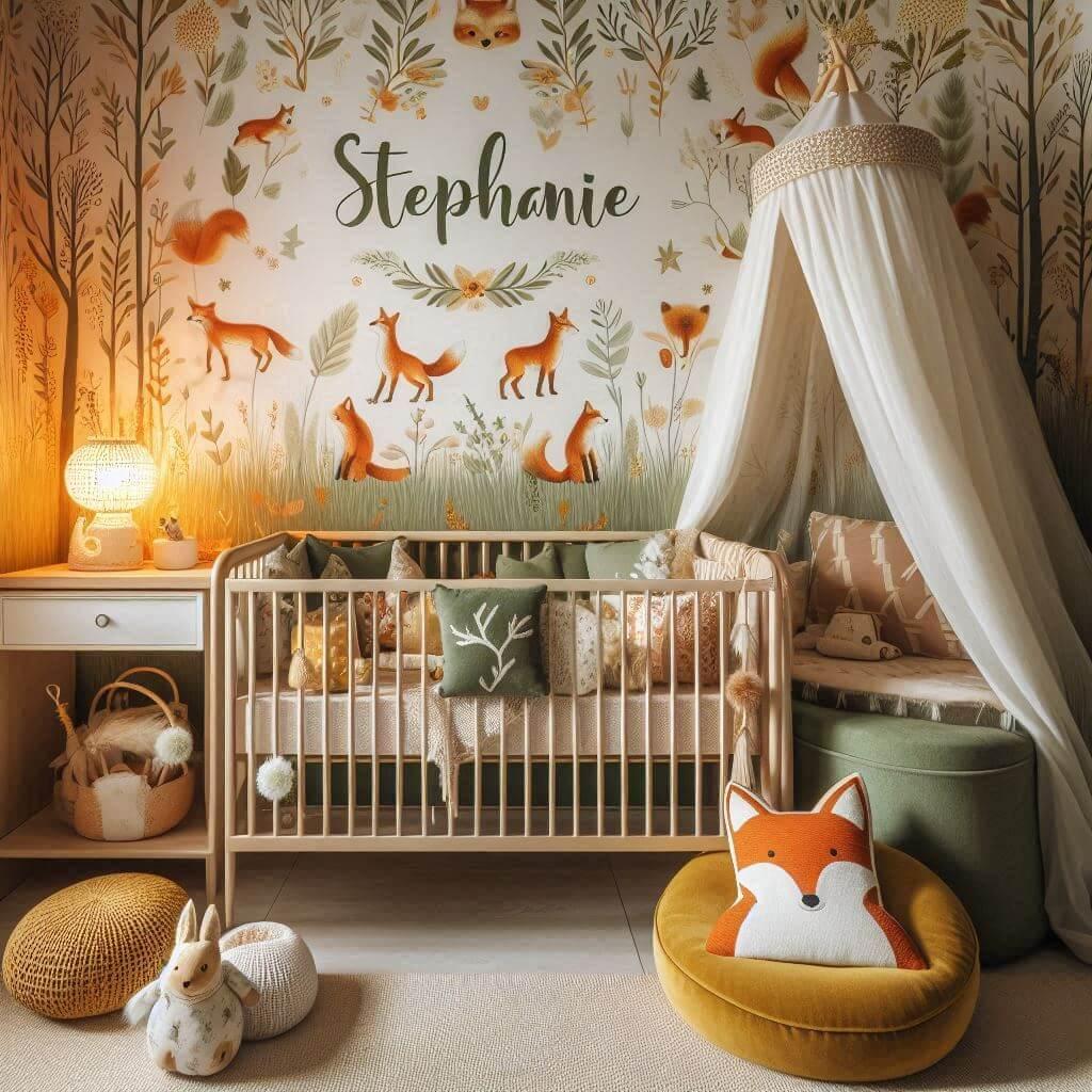 Decoration de chambre de petite fille sur le theme renard avec le prenom stephanie ecrit sur un coussin avec un berceau ciel de lit papier peint delave theme animaux de la foret po