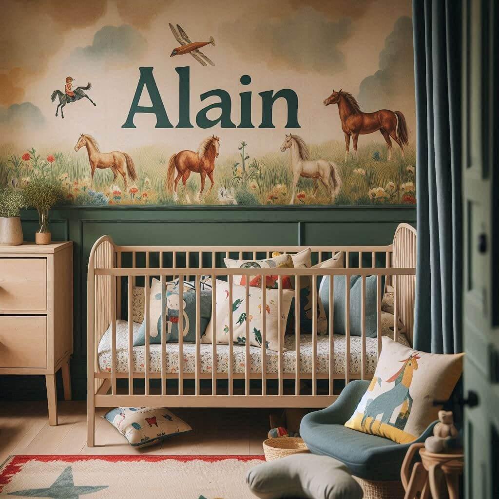 Decoration de chambre de petite garcon avec le prenom alain ecrit sur un coussin avec un lit berceau papier peint delave theme animaux de la ferme ciel de lit couleur vert jaune ro