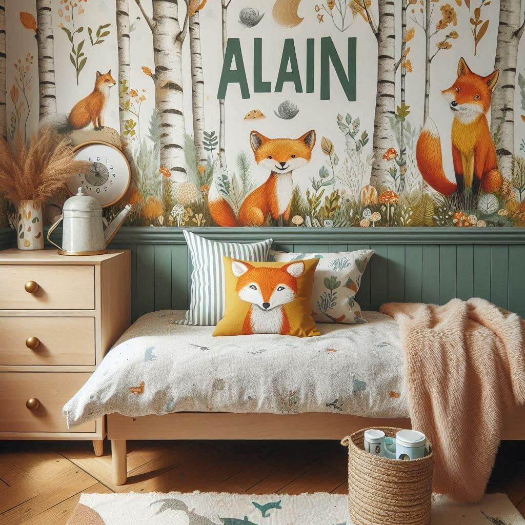 Decoration de chambre de petite garcon avec le prenom alain ecrit sur un coussin avec un lit simple papier peint delave theme animaux de la foret poetique ciel de lit couleur orang