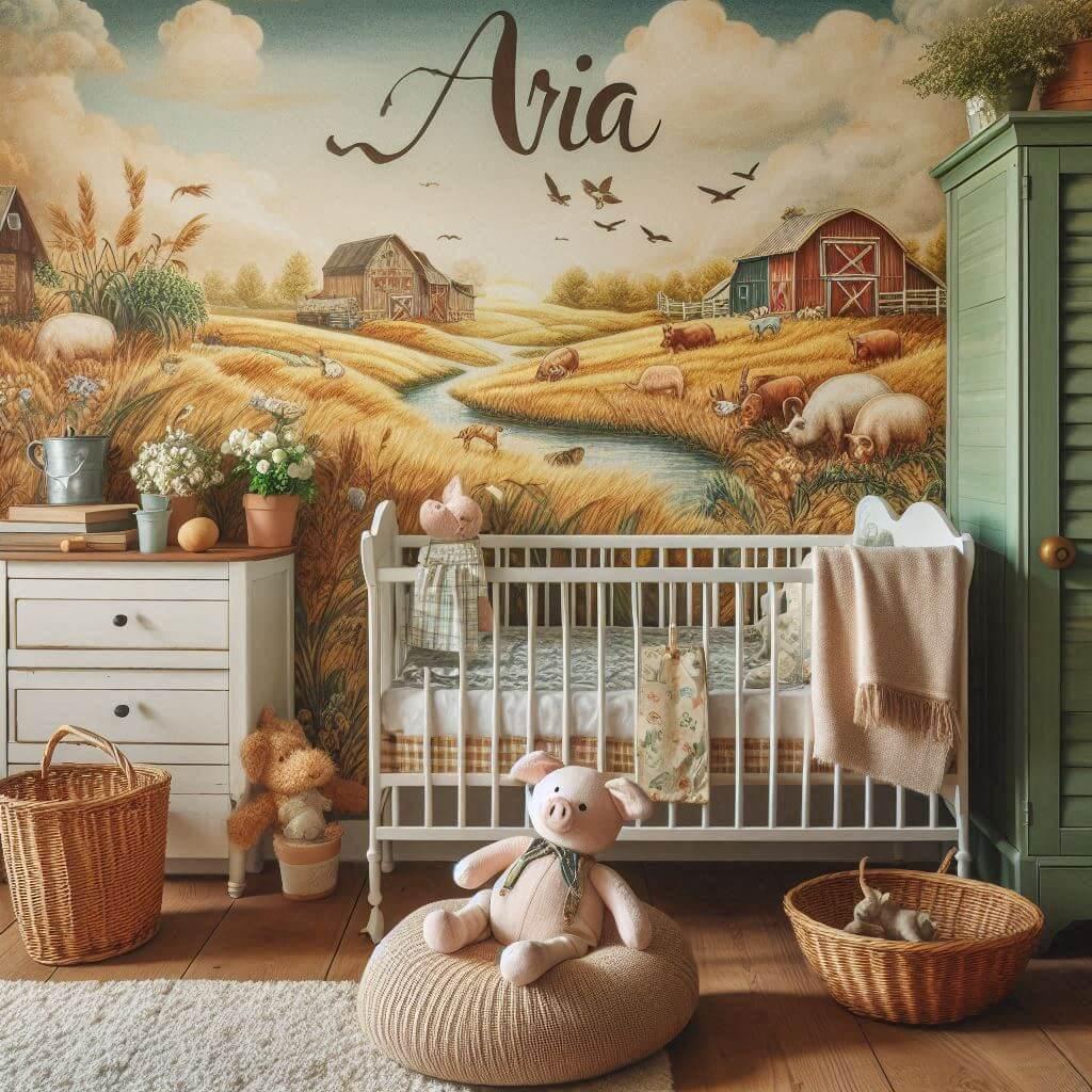 Decoration de chambre de petite garcon avec le prenom aria ecrit sur un coussin avec un lit berceau papier peint delave theme animaux de la ferme ciel de lit couleur vert jaune rou