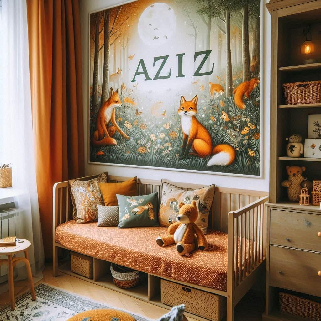 Déco chambre garçon forêt poétique avec prénom Aziz sur coussin