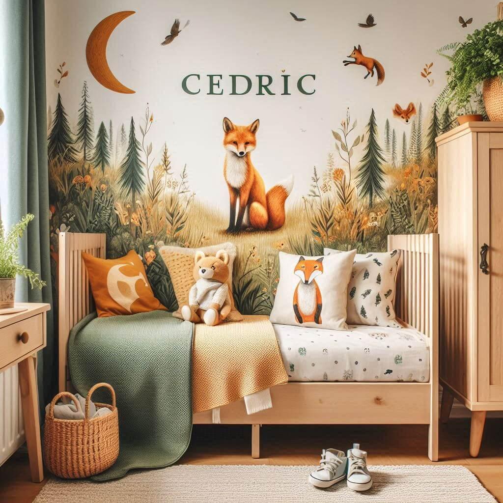Chambre garçon prénom Cédric coussin animaux forêt