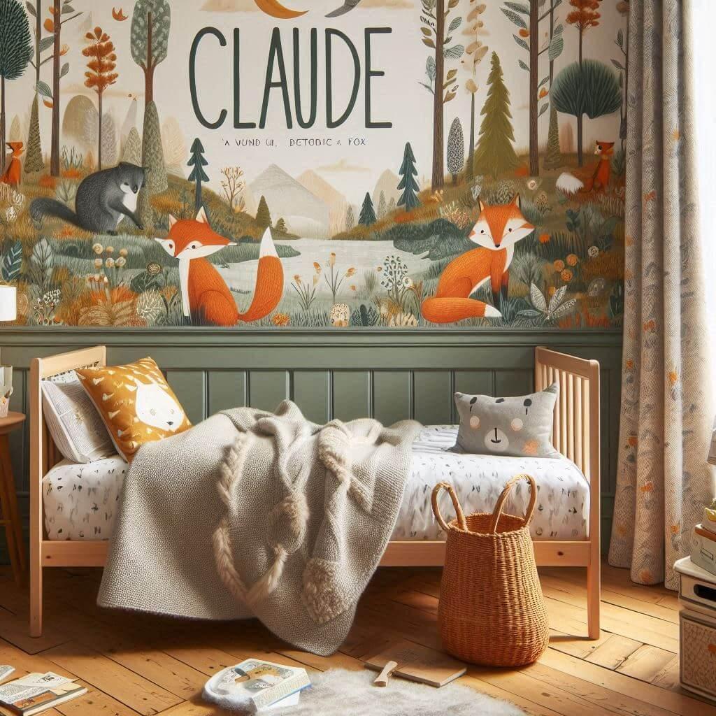 Décoration chambre petit garçon avec prénom Claude sur coussin, lit simple, papier peint forêt poétique, ciel de lit orange et penderie en bois