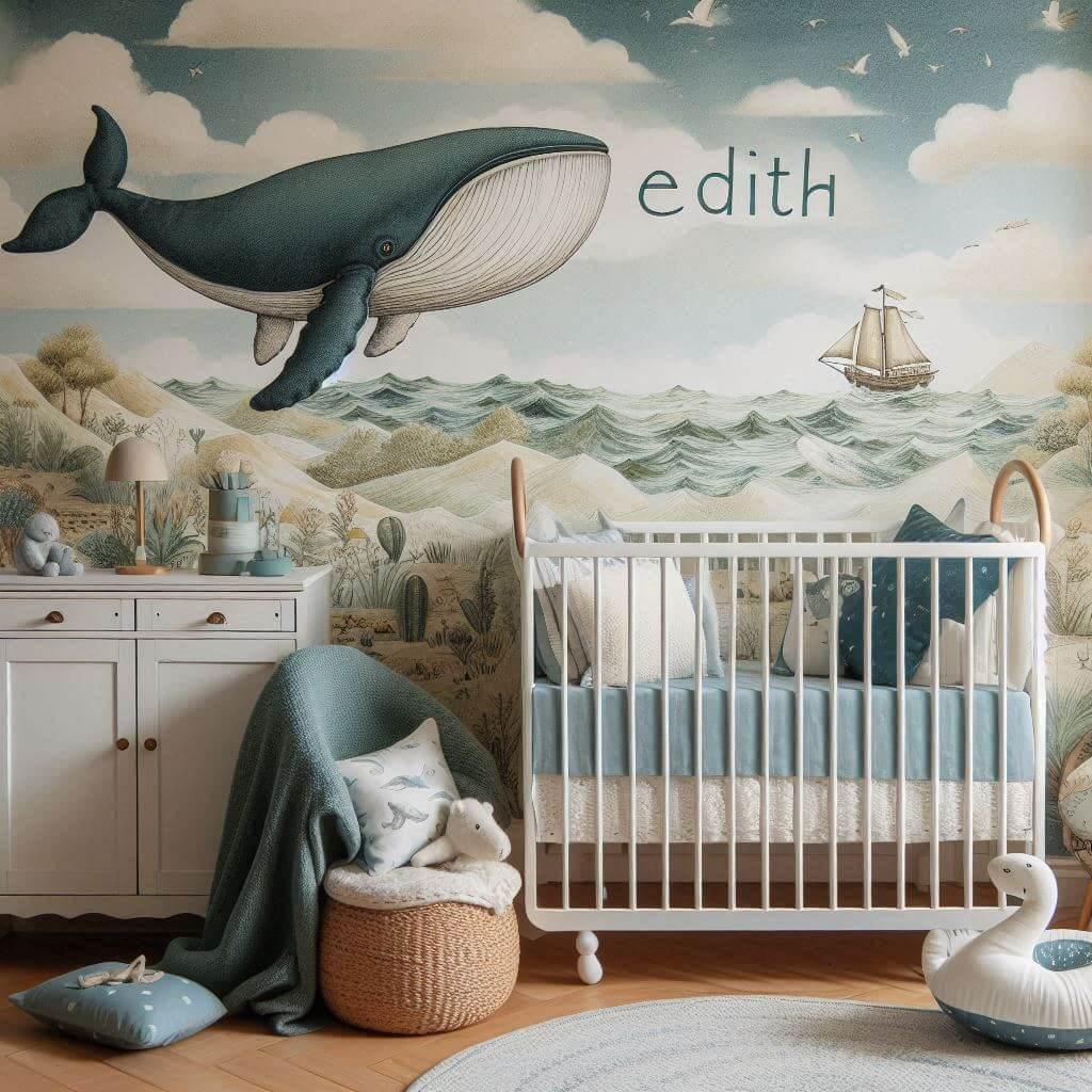 Decoration de chambre de petite garcon avec le prenom edith ecrit en francais sur un coussin avec un lit berceau papier peint delave theme animaux de la mer ciel de lit couleur ble