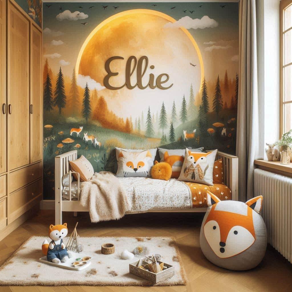 Decoration de chambre de petite garcon avec le prenom ellie ecrit sur un coussin avec un lit simple papier peint delave theme animaux de la foret