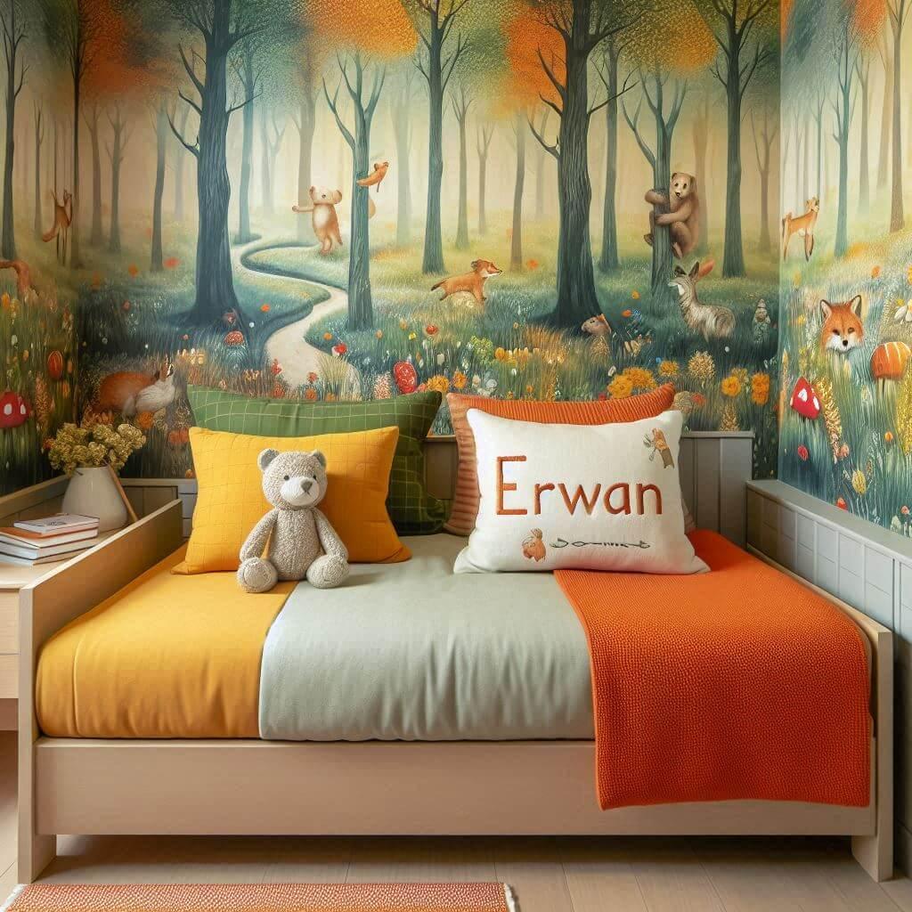 Decoration de chambre de petite garcon avec le prenom erwan ecrit sur un coussin avec un lit simple papier peint delave theme animaux de la foret poetique ciel de lit couleur orang