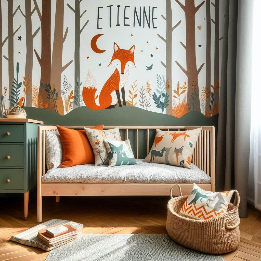 Décoration chambre garçon Étienne avec lit simple, papier peint animaux de la forêt et ciel de lit coloré.