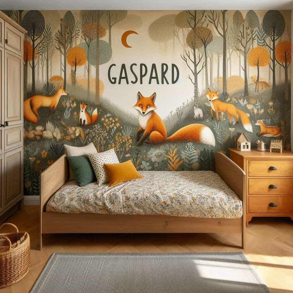 Decoration de chambre de petite garcon avec le prenom gaspard ecrit sur un coussin avec un lit simple papier peint delave theme animaux de la foret poetique ciel de lit couleur ora