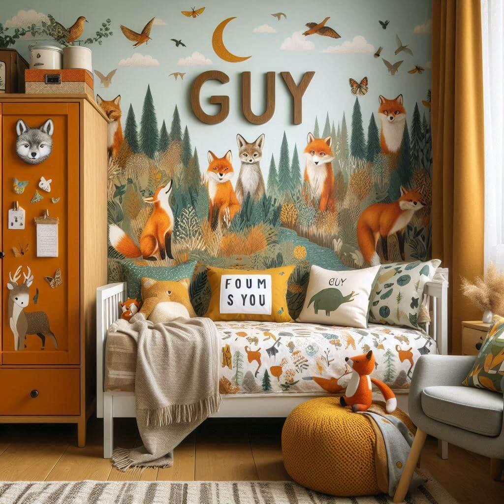 Decoration de chambre de petite garcon avec le prenom guy ecrit sur un coussin avec un lit simple papier peint delave theme animaux de la foret poetique ciel de lit couleur orange