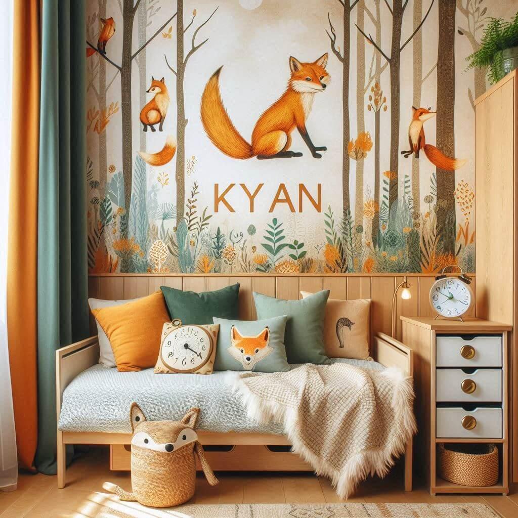 Decoration de chambre de petite garcon avec le prenom kyan, theme renard poetique