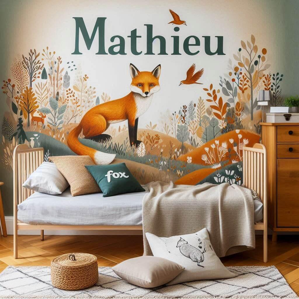 Decoration de chambre de petite garcon theme animaux de la foret renard, prenom mathieu