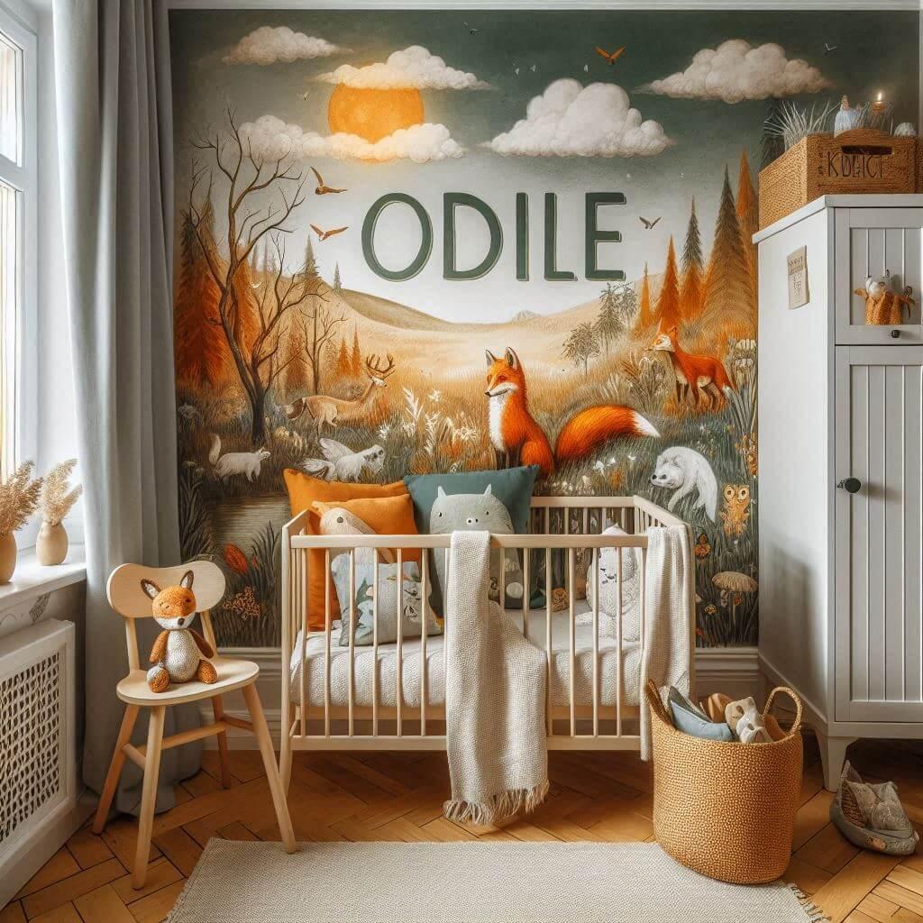 Decoration de chambre de petite garcon avec le prenom odile ecrit sur un coussin avec un lit simple papier peint delave theme animaux de la foret poetique ciel de lit couleur orang