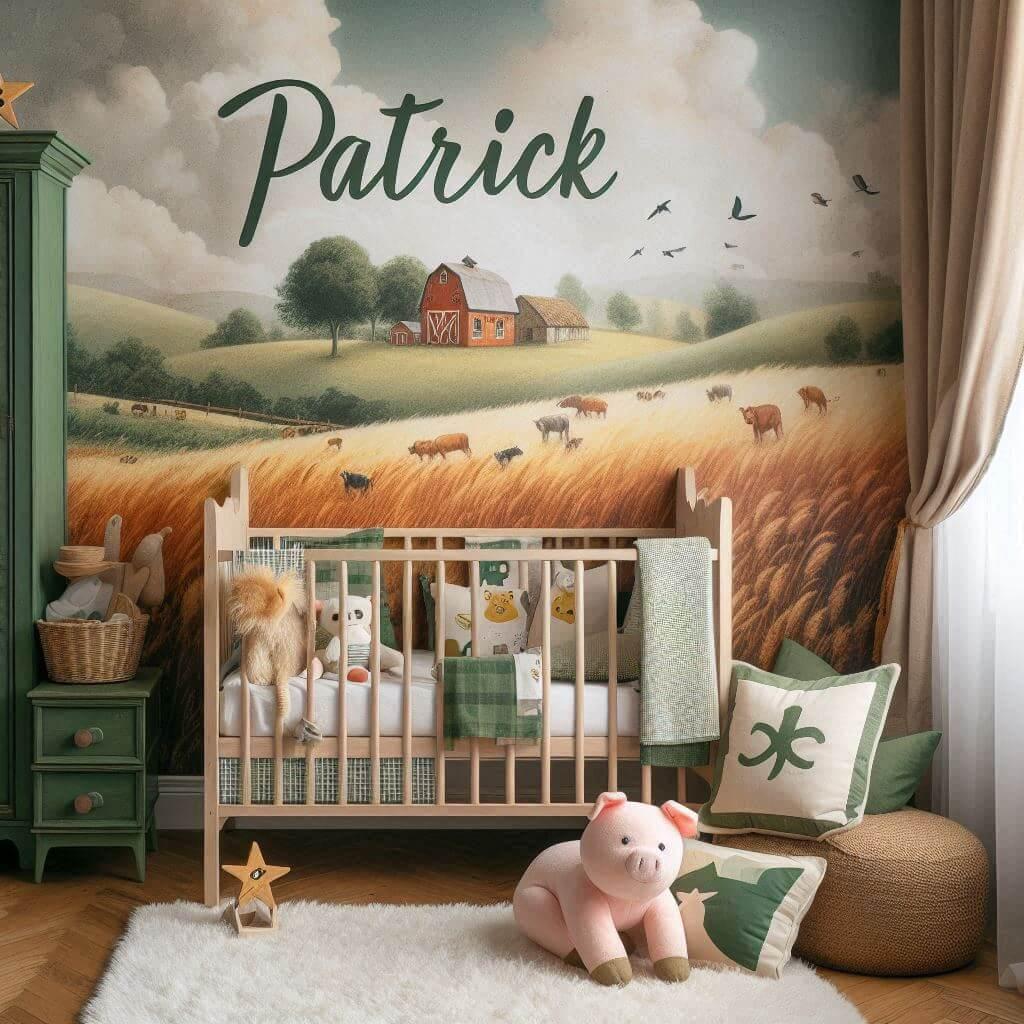Chambre garçon avec prénom Patrick sur coussin, lit berceau, papier peint animaux de la ferme et ciel de lit vert jaune.