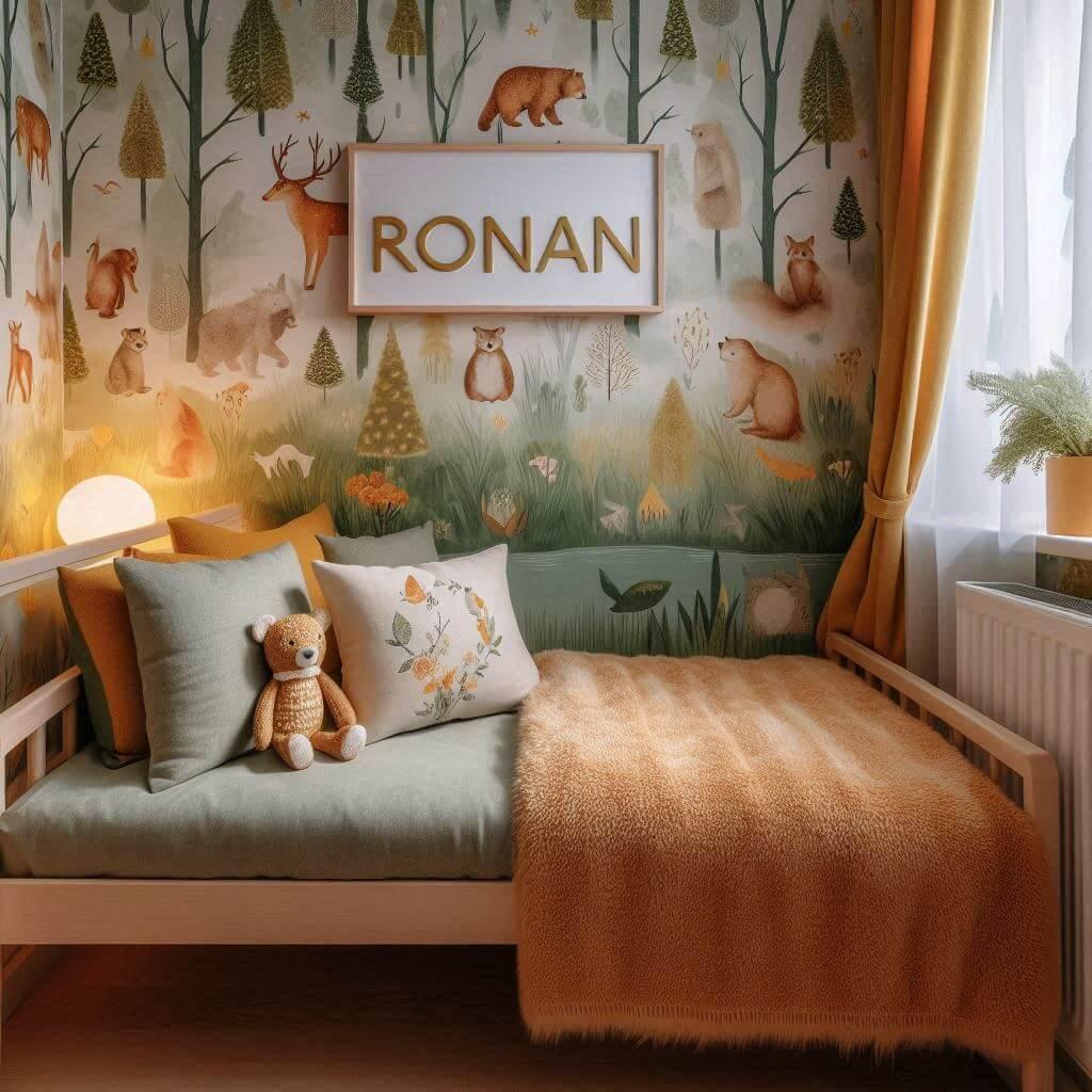Décoration de chambre de petit garçon avec prénom Ronan, theme animaux de la foret, couleur orange, jaune et vert