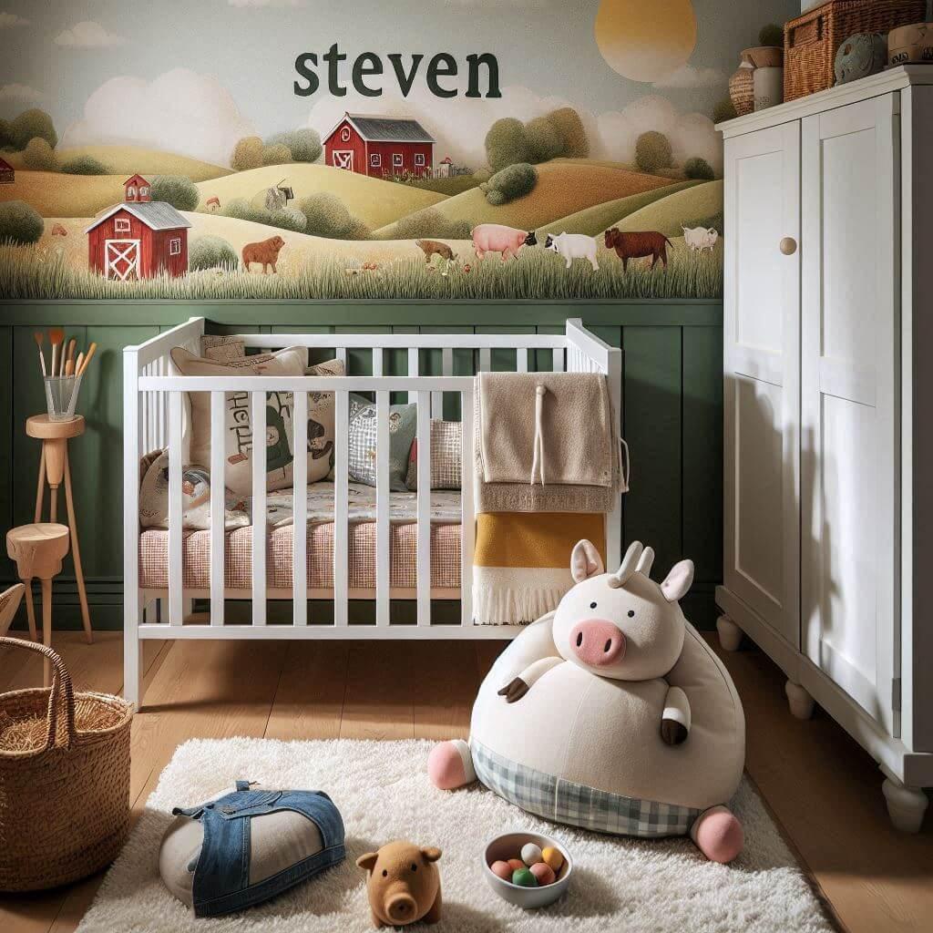 Decoration de chambre de petite garcon avec le prenom steven ecrit sur un coussin avec un lit berceau papier peint delave theme animaux de la ferme ciel de lit couleur vert jaune r