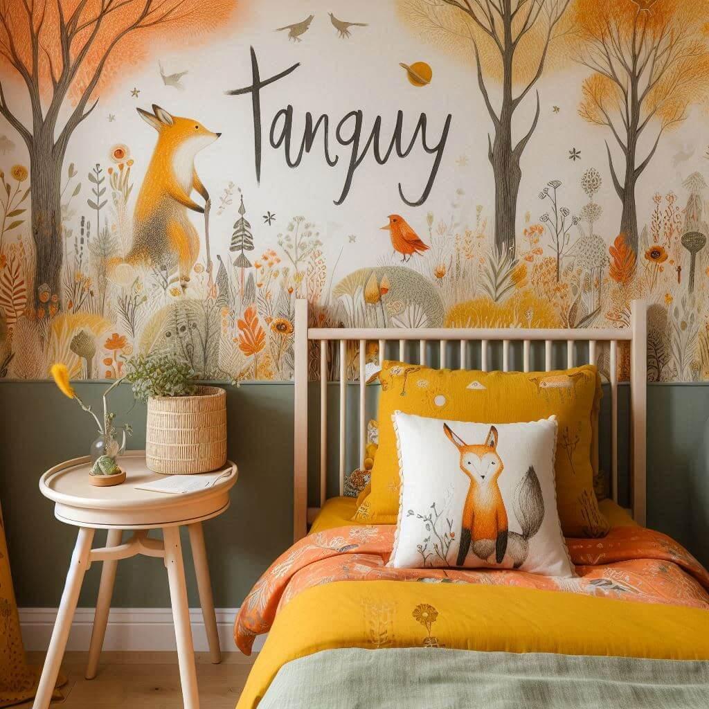 Décoration de chambre de petit garçon avec le prénom Tanguy écrit sur un coussin, lit simple, papier peint délavé thème animaux de la forêt, orange, jaune, vert, marron.