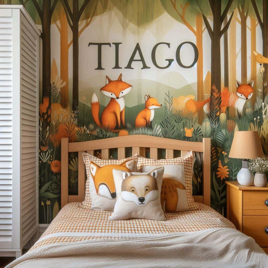 Decoration de chambre de petite garcon avec le prenom tiago ecrit en latin ecrit sur un coussin avec un lit simple papier peint delave theme animaux de la foret poetique ciel de li