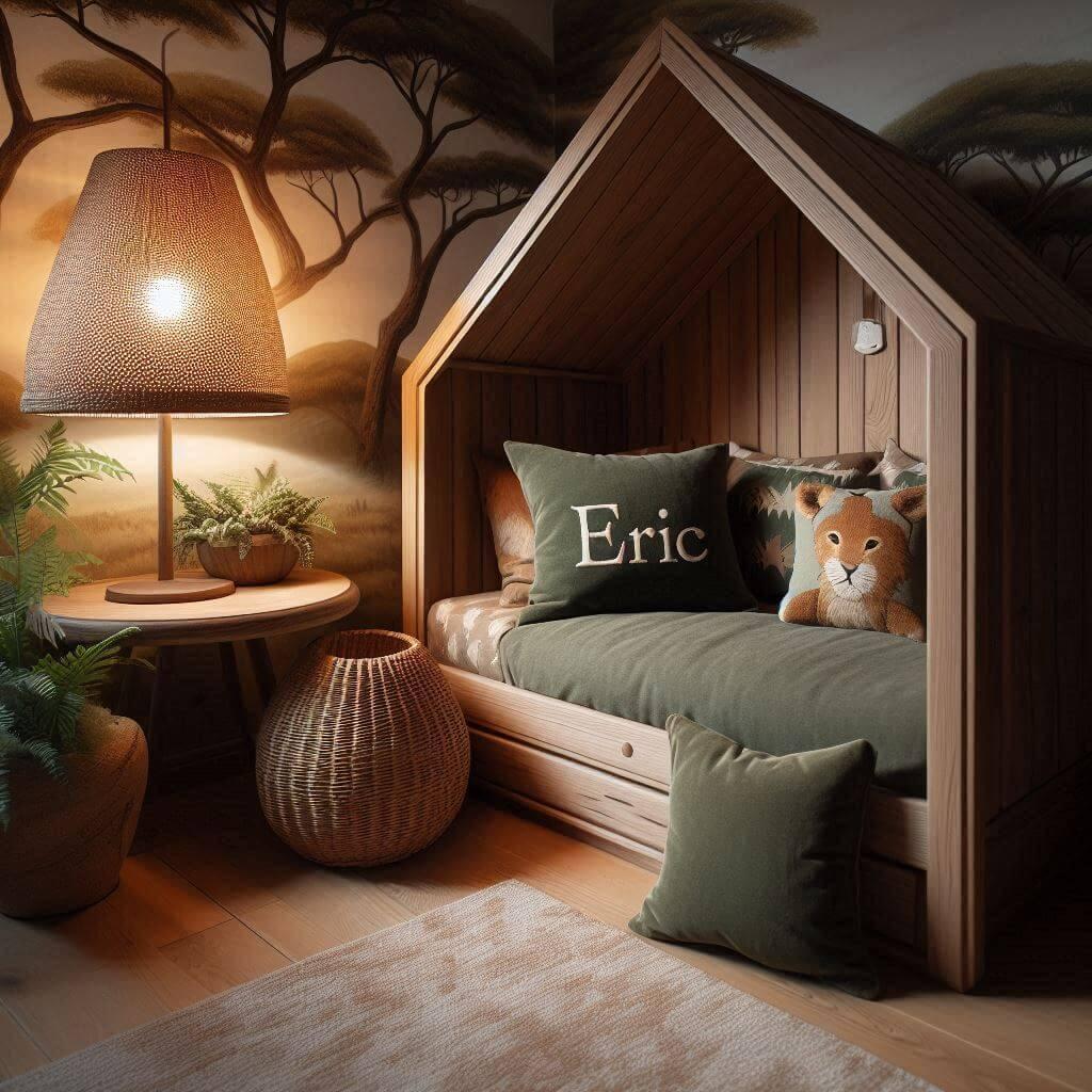 Decoration de chambre de petite garcon sur le theme savane avec un lit en forme de cabane dans les bois le prenom eric est ecrit sur un coussin et la lampe en rotin a un eclairage
