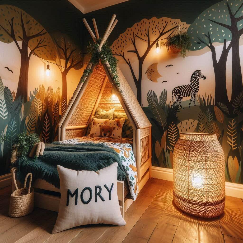 Decoration de chambre de petite garcon sur le theme savane avec un lit en forme de cabane dans les bois le prenom mory est ecrit sur un coussin et la lampe en rotin a un eclairage