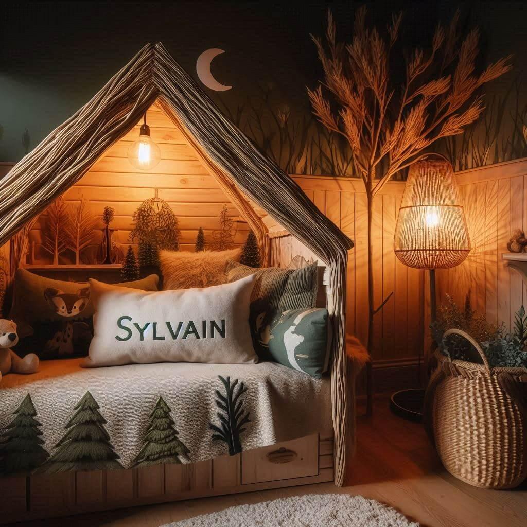 Decoration de chambre de petite garcon sur le theme savane avec un lit en forme de cabane dans les bois le prenom sylvain est ecrit sur un coussin et la lampe en rotin a un eclaira