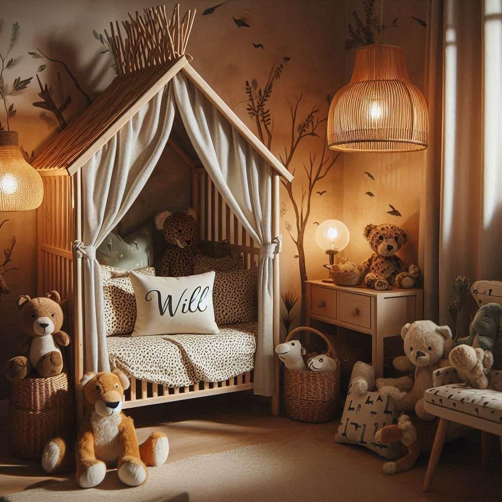 Decoration de chambre de petite garcon sur le theme savane avec un lit en forme de cabane dans les bois le prenom will est ecrit sur un coussin et la lampe en rotin a un eclairage