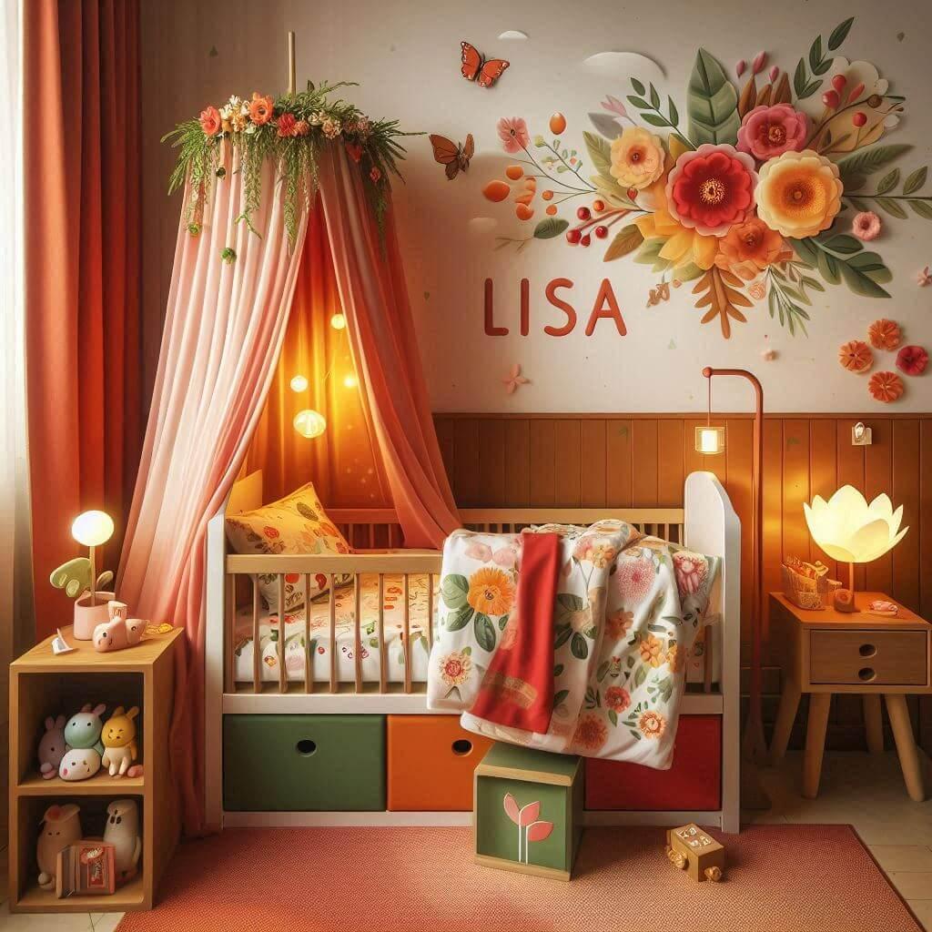Decoration de chambre denfant sur le theme des fleurs avec le prenom lisa avec un lit simple ciel de lit couleur orange rouge vert marron meuble cube pour les jouets draps motifs f