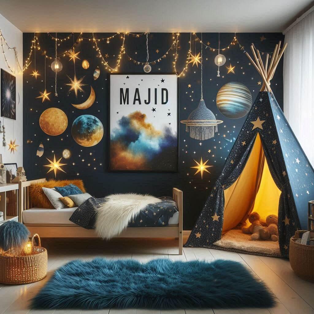 Decoration de chambre denfant sur le theme espace et galaxies avec le prenom majid ecrit sur une affiche avec un lit cabane un tipi couleur bleu nuit moutarde un tapis fourure bleu