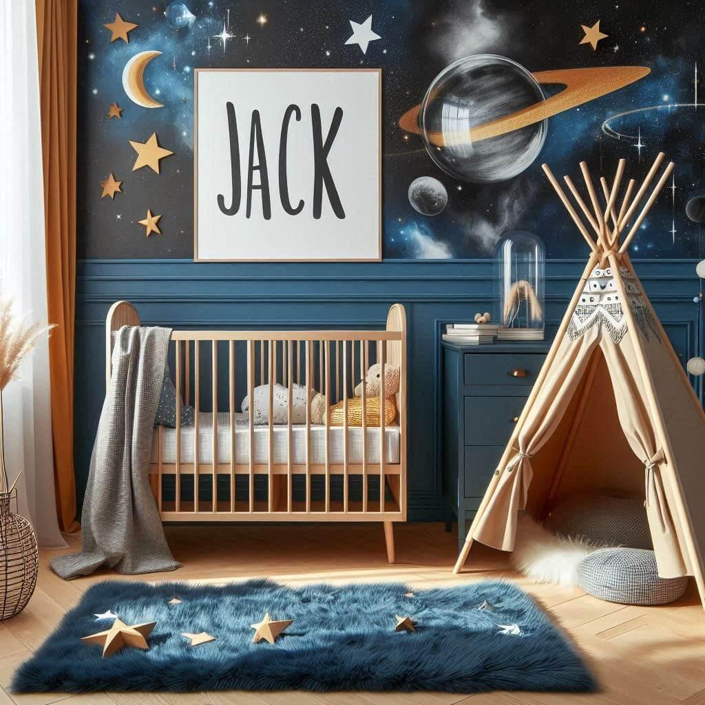 Decoration de chambre denfant sur le theme espace et galaxies avec un lit cabane nomme jack un tipi couleur bleu nuit moutarde un tapis fourure bleu nuit dome en verre en decoratio