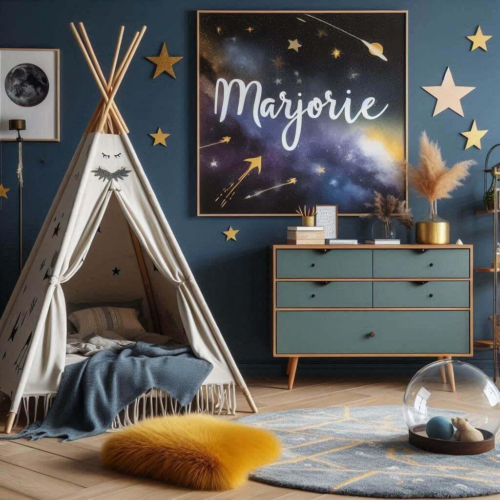 Decoration de chambre denfant sur le theme espace et galaxies avec un lit cabane nomme marjorie