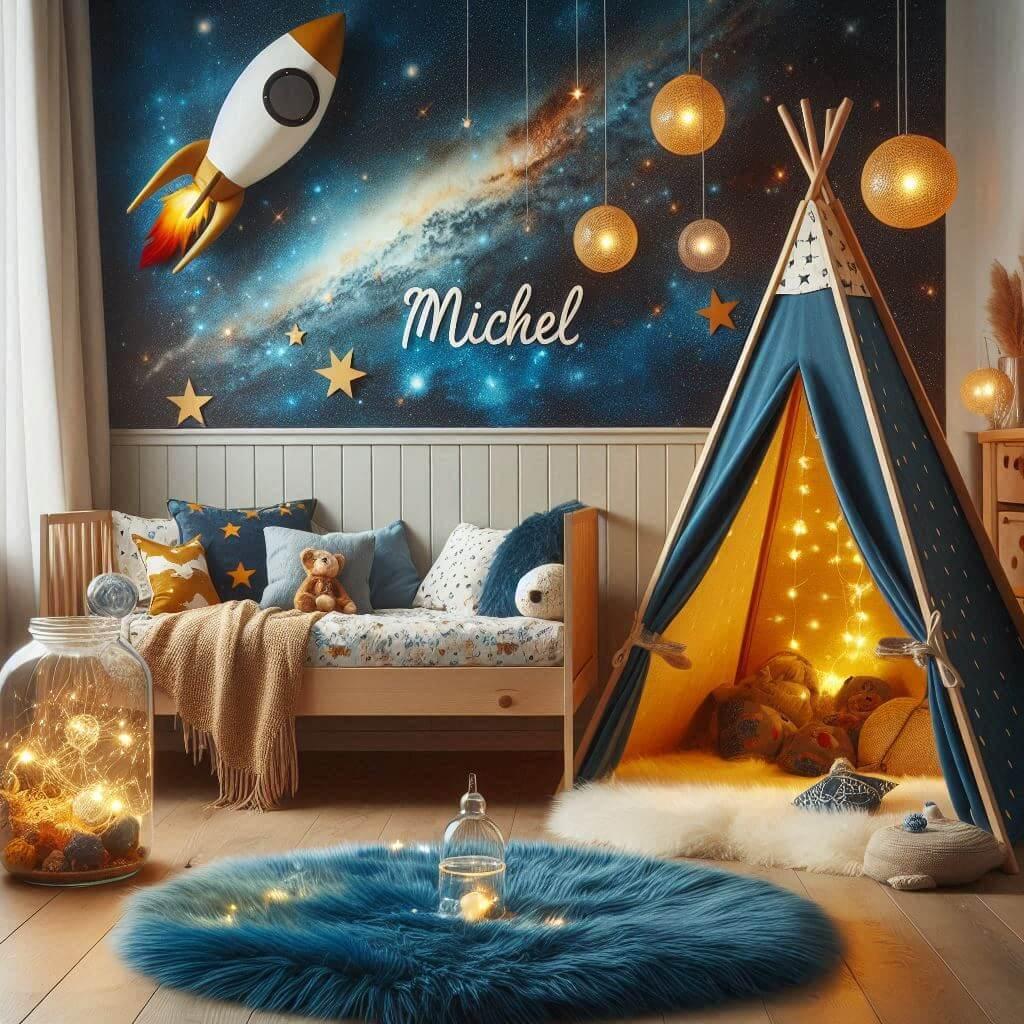 Décoration de chambre d’enfant thème espace et galaxies avec lit cabane, tipi bleu nuit et moutarde, tapis fourrure bleu nuit, peluche fusée, prénom Michel