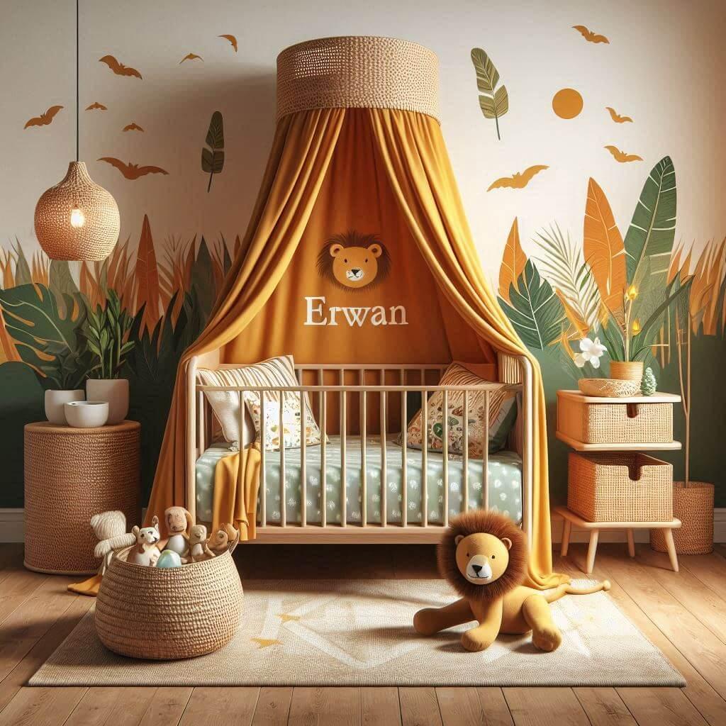 Decoration de chambre denfant sur le theme jungle avec un lit simple ciel de lit couleur orange jaune vert marron meuble cube pour les jouets draps motifs lion lampe en rotin allum