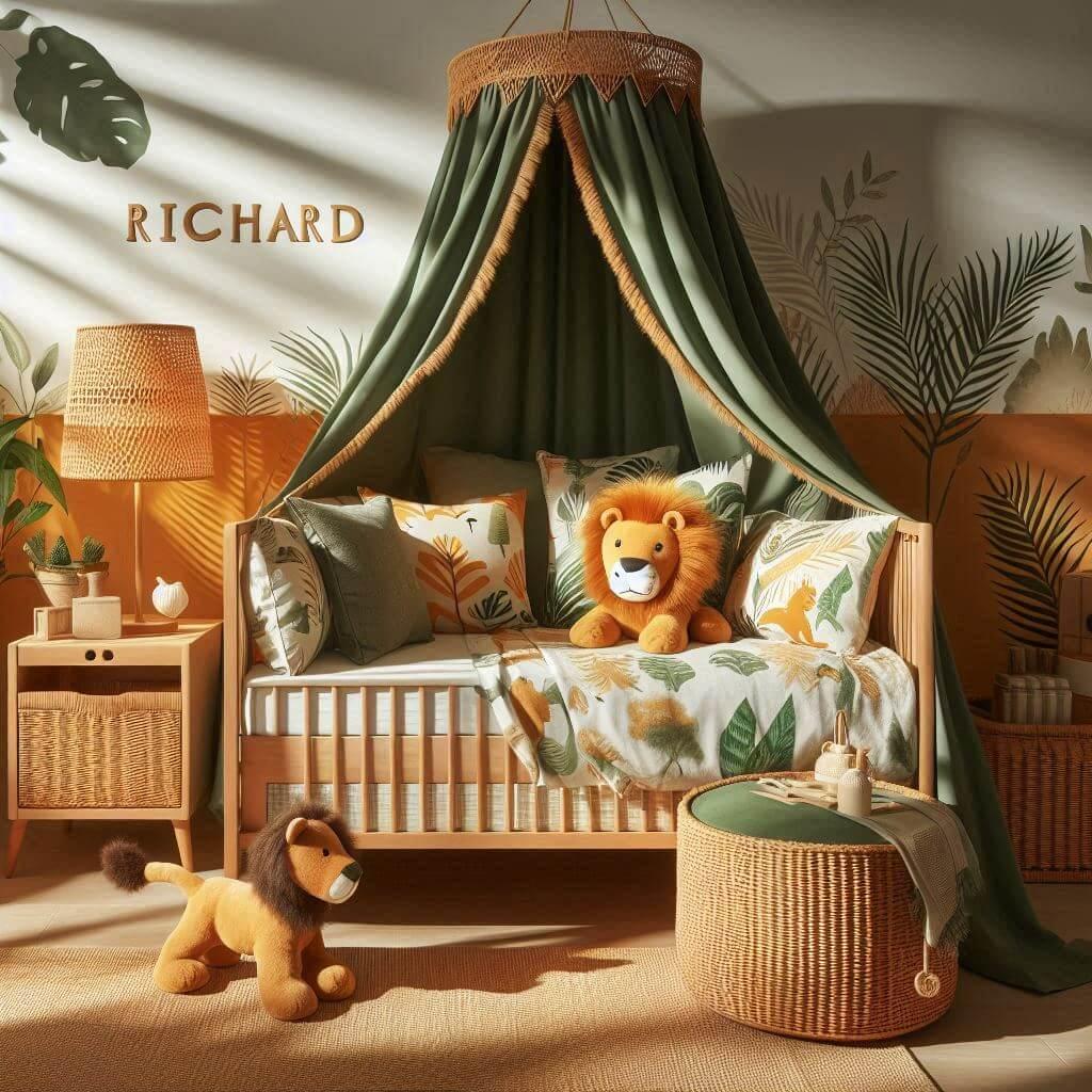Decoration de chambre denfant sur le theme jungle avec un lit simple ciel de lit couleur orange jaune vert marron meuble cube pour les jouets draps motifs lion lampe en rotin allum