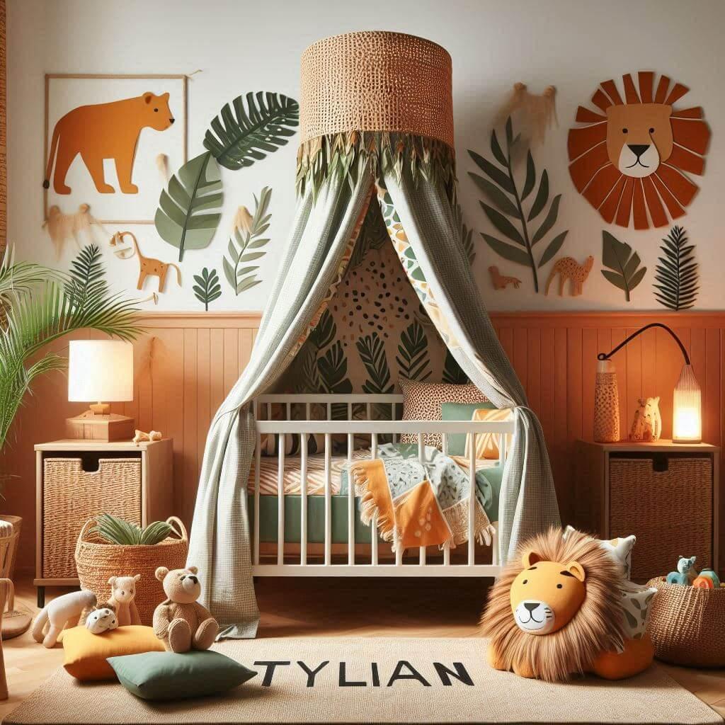 Decoration de chambre denfant sur le theme jungle avec un lit simple ciel de lit couleur orange jaune vert marron meuble cube pour les jouets draps motifs lion lampe en rotin allum