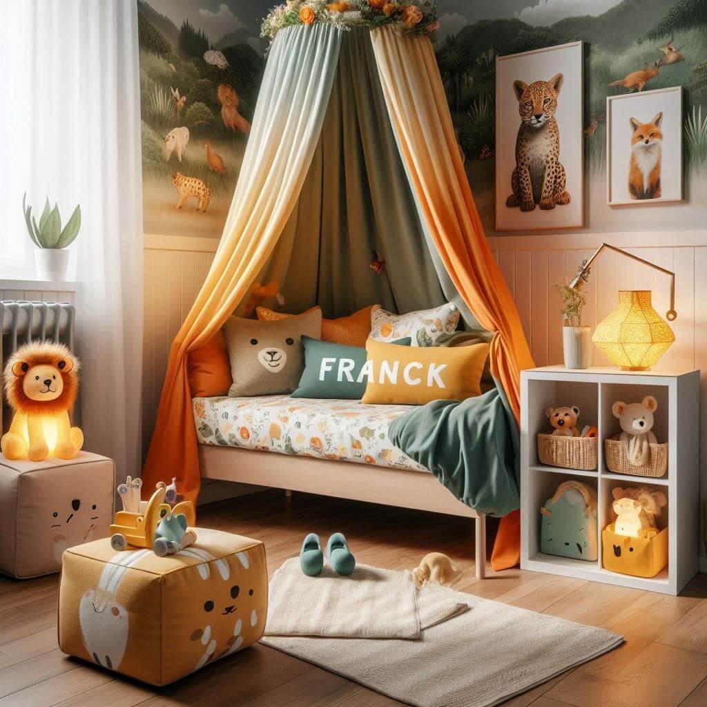 Decoration de chambre denfant sur le theme jungle avec un lit simple ciel de lit couleur orange jaune vert marron meuble cube pour les jouets draps motifs lion lampe renard allumee