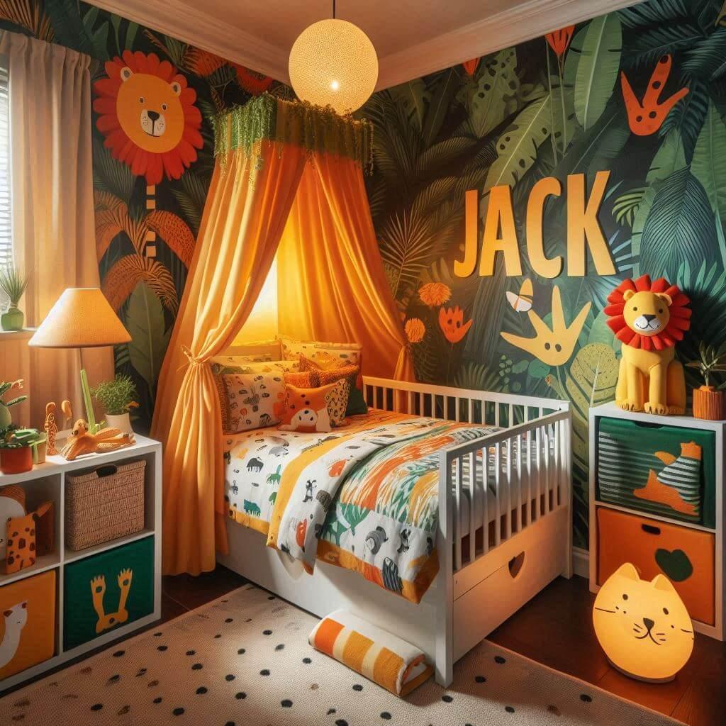 Decoration de chambre denfant sur le theme jungle avec un lit simple ciel de lit couleur orange jaune vert marron meuble cube pour les jouets draps motifs lion lampe renard allumee