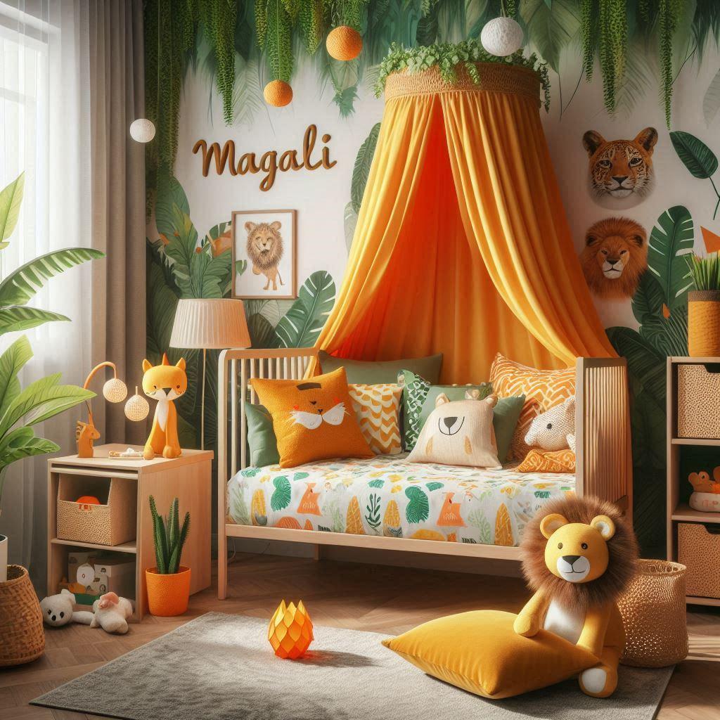 Decoration de chambre denfant sur le theme jungle avec un lit simple ciel de lit couleur orange jaune vert marron meuble cube pour les jouets draps motifs lion lampe renard allumee