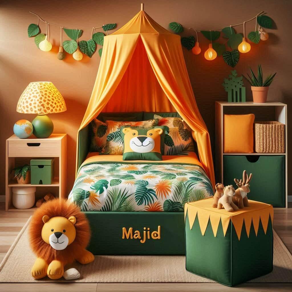 Decoration de chambre denfant sur le theme jungle avec un lit simple ciel de lit couleur orange jaune vert marron meuble cube pour les jouets draps motifs lion lampe renard allumee
