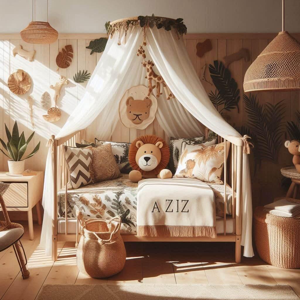 Chambre enfant jungle douce avec prénom Aziz brodé
