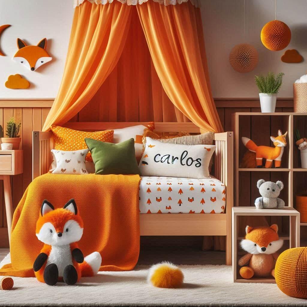 Decoration de chambre denfant sur le theme renard avec le prenom carlos ecrit sur un coussin avec un lit simple ciel de lit couleur orange jaune vert marron meuble cube pour les jo