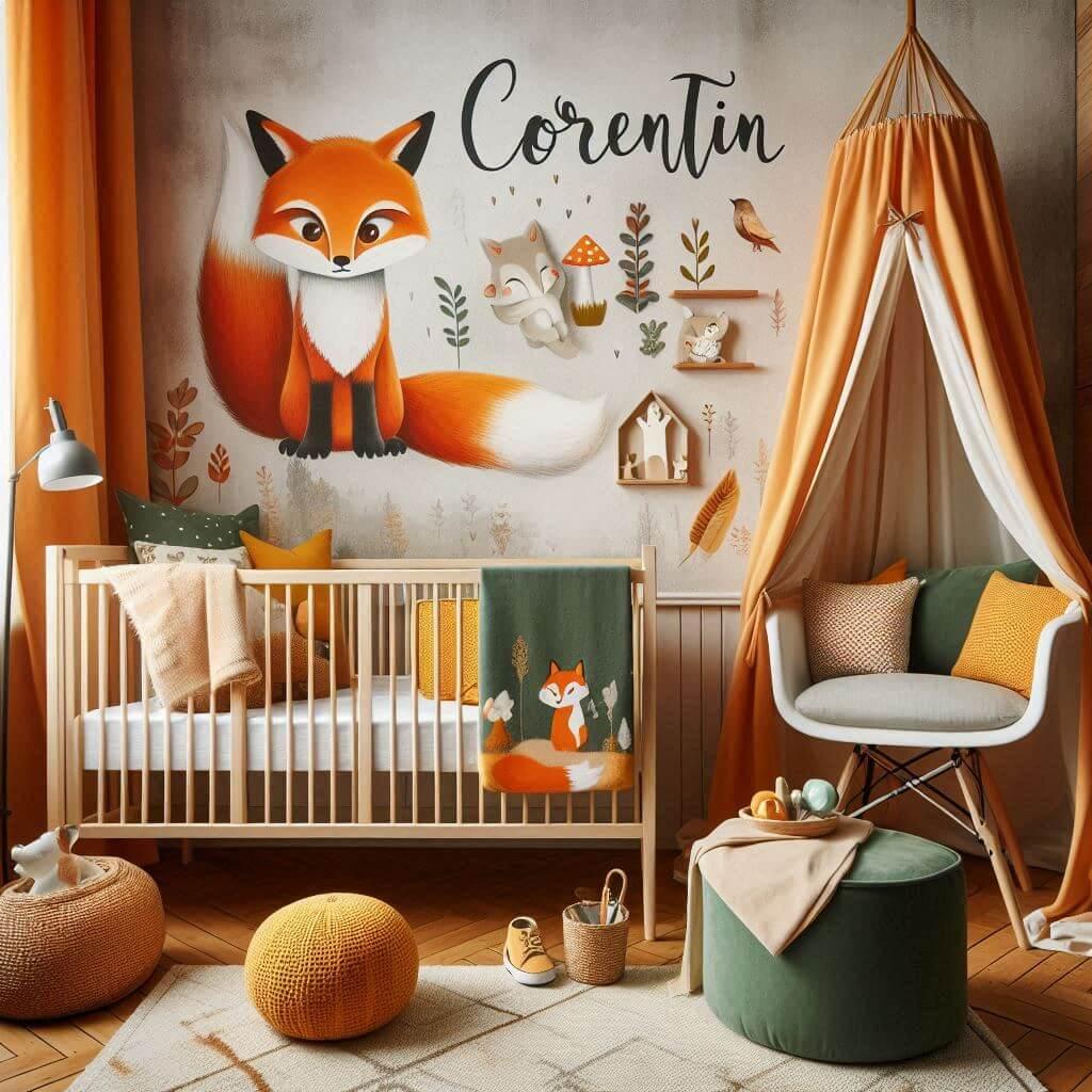 Decoration de chambre denfant sur le theme renard avec le prenom corentin ecrit sur un coussin avec un lit simple ciel de lit couleur orange jaune vert marron meuble cube pour les