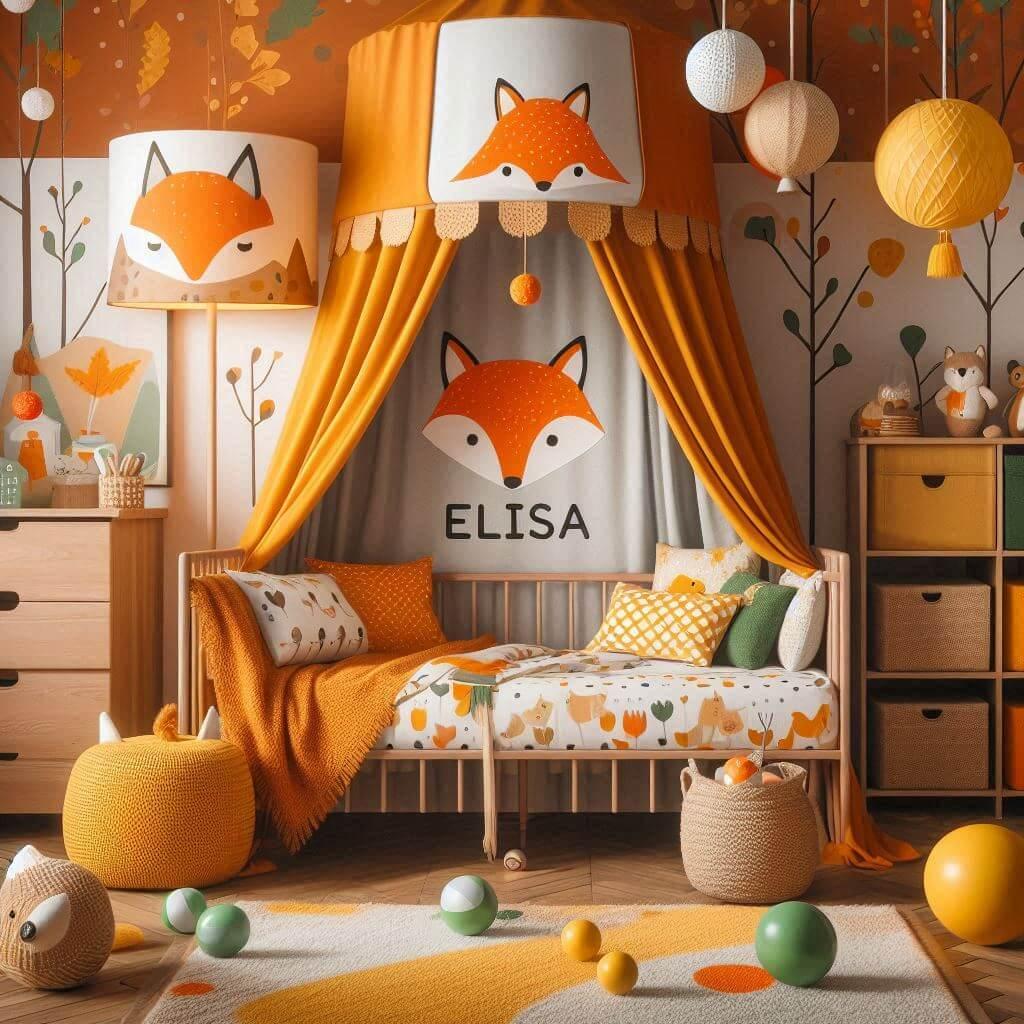 Decoration de chambre denfant sur le theme renard avec le prenom elisa ecrit sur un coussin avec un lit simple ciel de lit couleur orange jaune vert marron meuble cube pour les jou