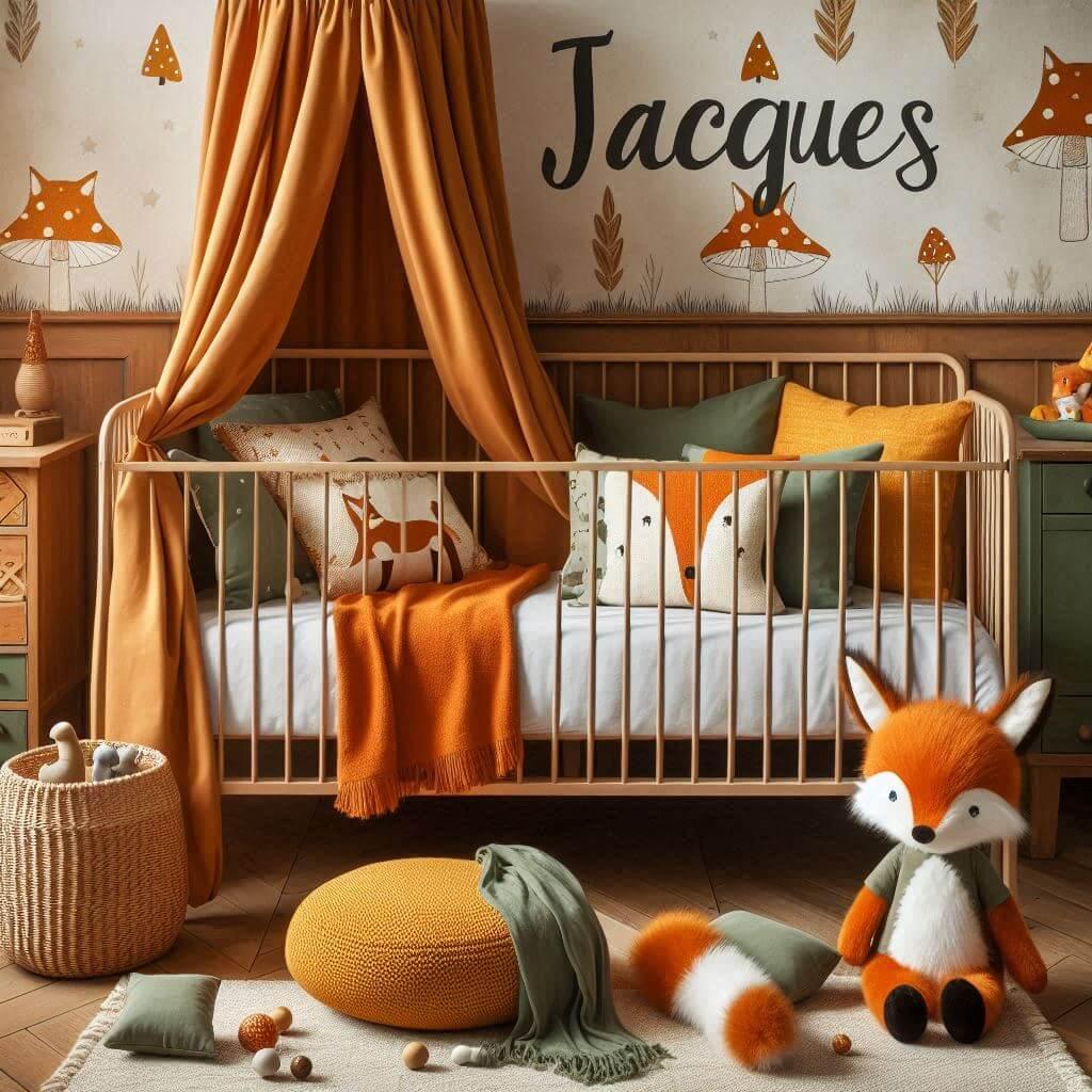 Decoration de chambre denfant sur le theme renard avec le prenom jacques ecrit en francais sur un coussin avec un lit simple ciel de lit couleur orange jaune vert marron meuble cub