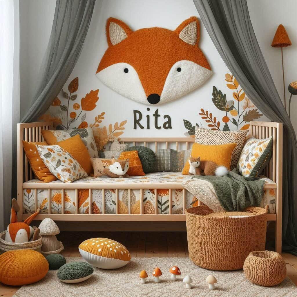 Decoration de chambre denfant sur le theme renard avec le prenom rita ecrit sur un coussin avec un lit simple ciel de lit couleur orange jaune vert marron meuble cube pour les joue