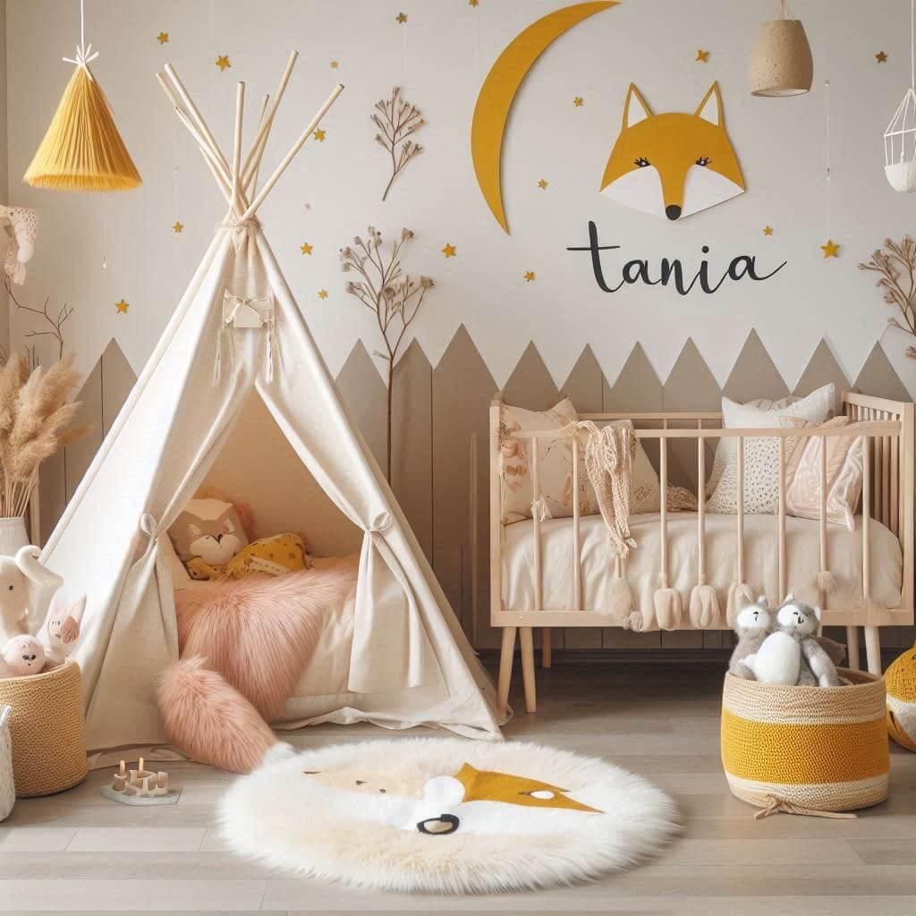 Decoration de chambre denfant sur le theme renard avec un lit cabane nomme tania un tipi couleur orange