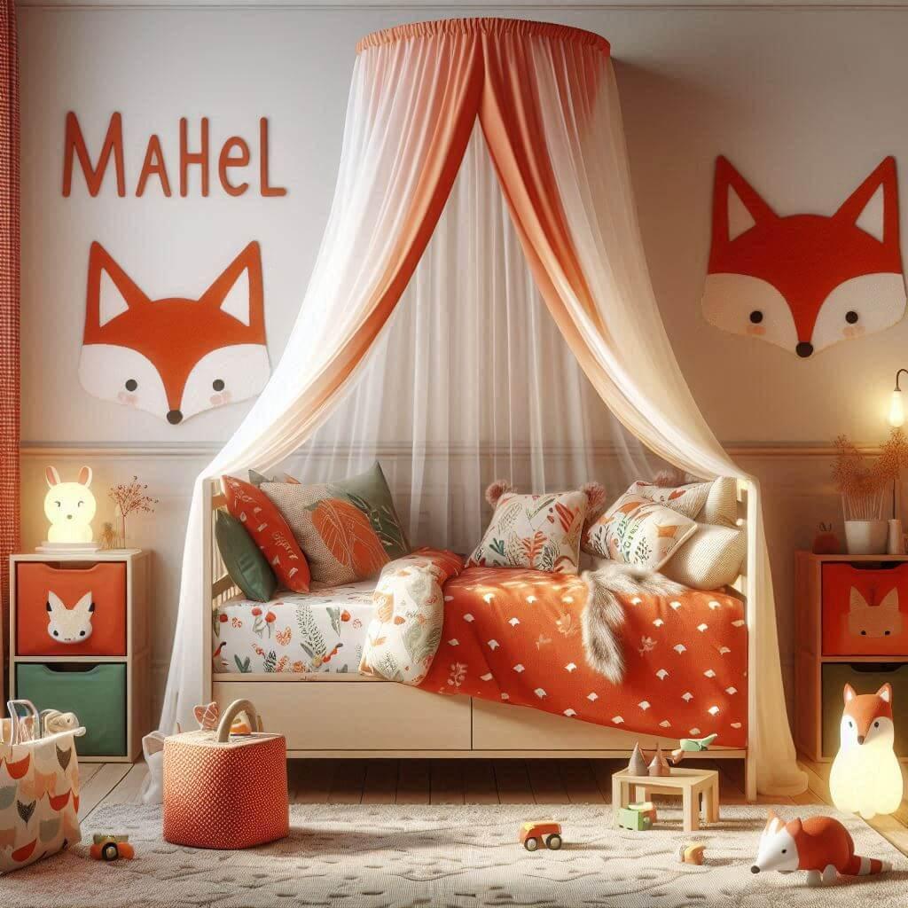 Decoration de chambre denfant sur le theme renard avec un lit simple ciel de lit couleur orange rouge vert marron meuble cube pour les jouets draps motifs renard lampe renard allum