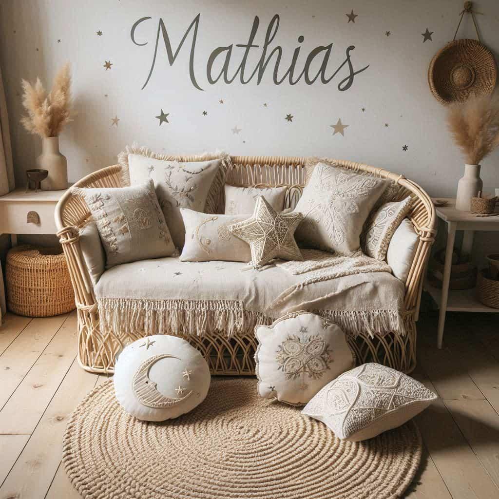 Decoration de chambre en rotin tres naturelle personnalisee avec le prenom mathias couleurs sobres naturelles