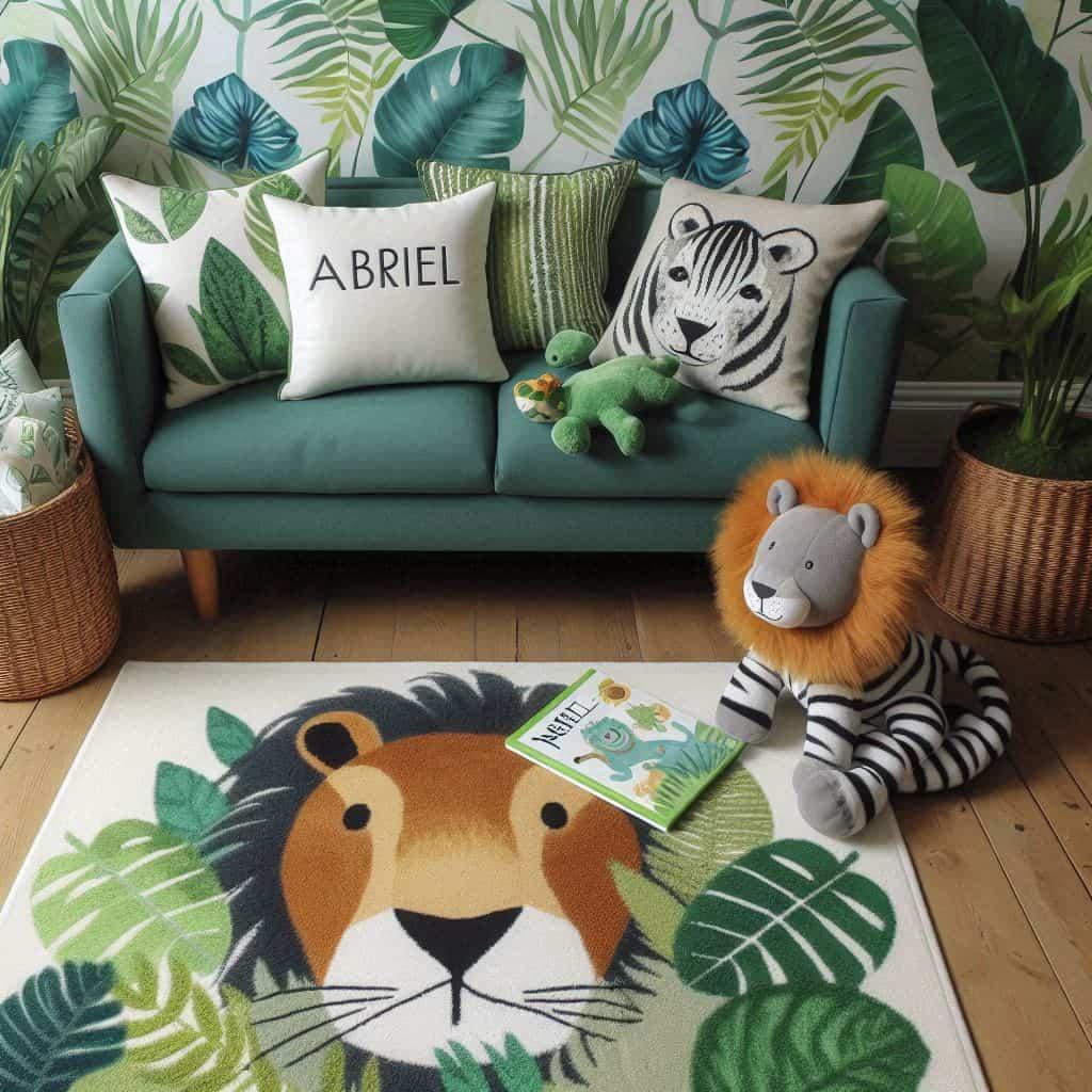Decoration de chambre enfant personnalise avec le prenom abriel theme jungle tapis lion peluche lion coussin feuilles