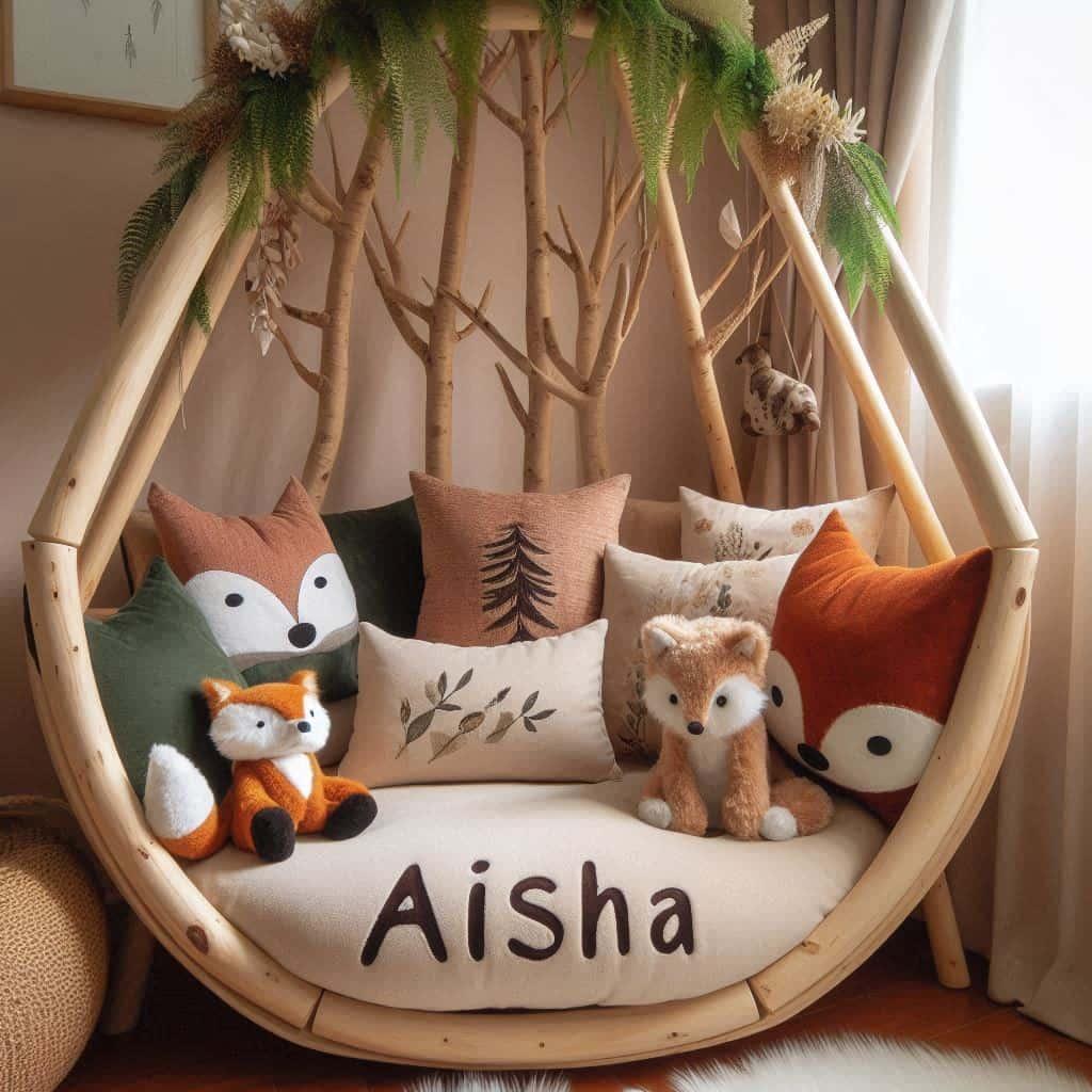 Decoration de chambre enfant personnalisee avec le prenom aisha theme animaux de la foret coussins et peluches